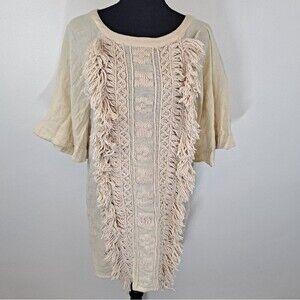 Mes Demoiselles Boho Moroccan Cotton Fringe Cream Short Sleeve Mini Dress Tunic